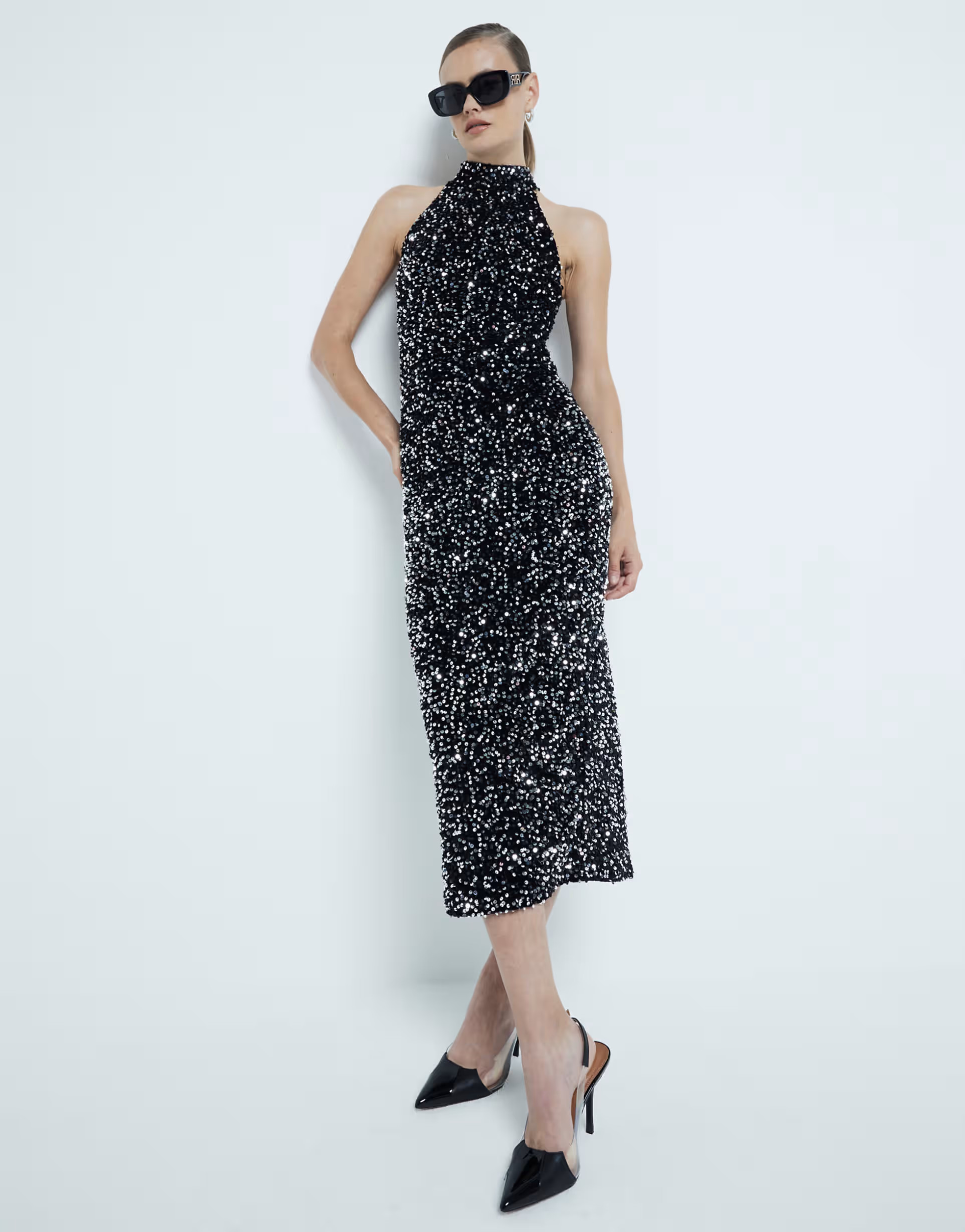 River Island Velvet halter neck sequin midi dress in black | ASOS (Global)