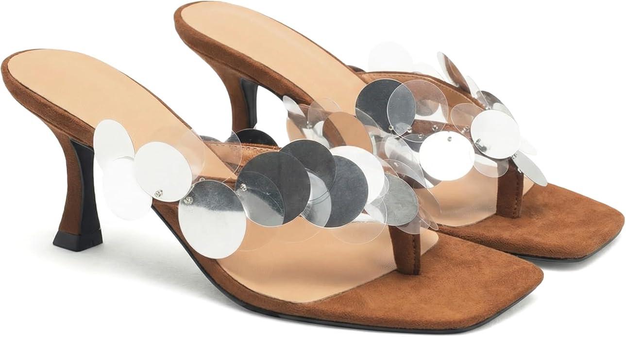 Black Flip Flop Heels Sandals for Women with Plastic Disc Straps Comfortable Slip on Open Toe Kit... | Amazon (US)