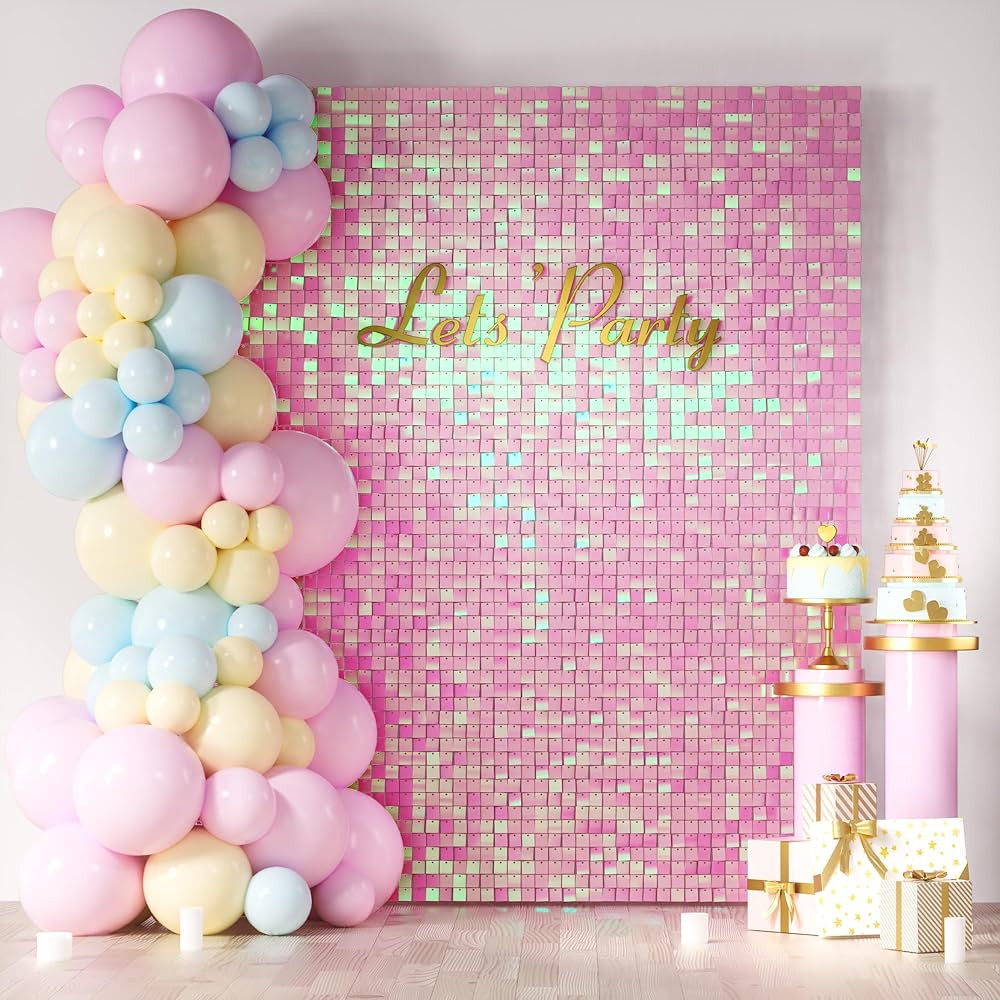 COKAOBE Iridescent Pink Shimmer Wall Backdrop, 24PCS Square Sequin Shimmer Backdrop Panel, Photo ... | Amazon (US)