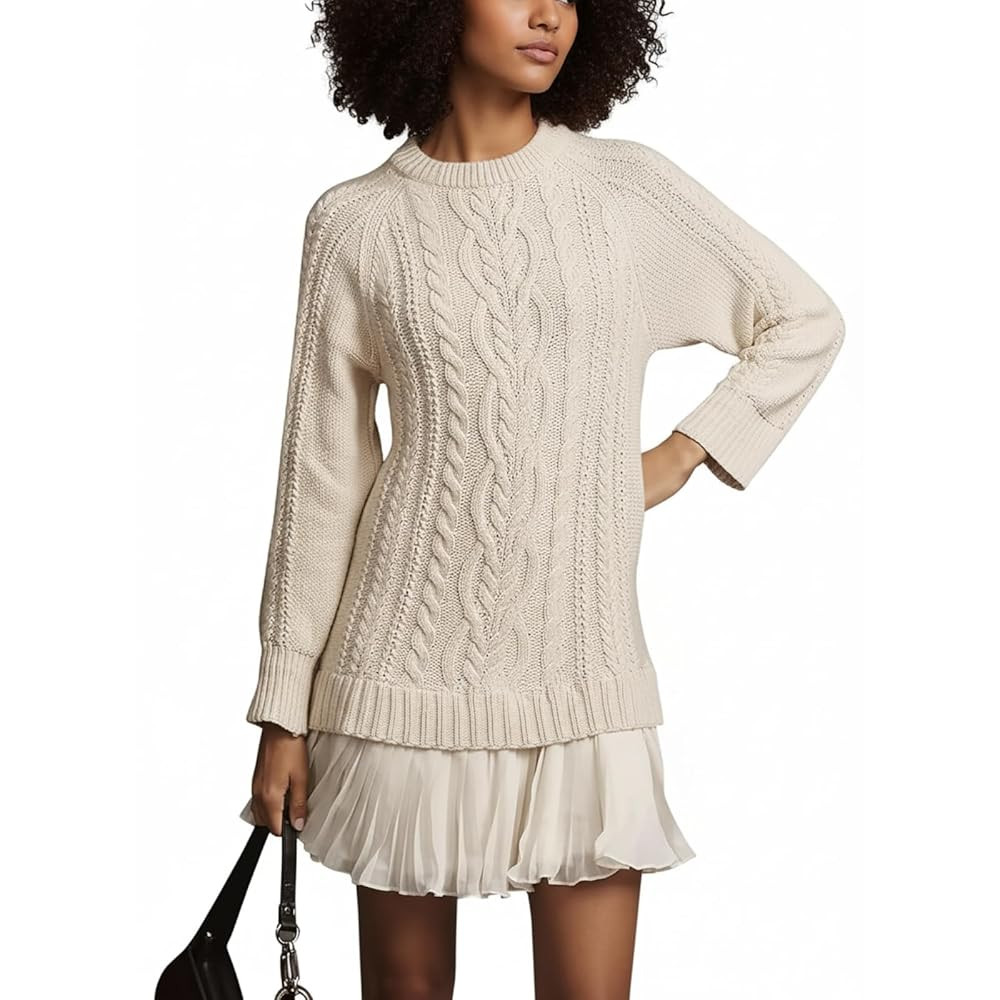Women Crewneck Cable Knit Sweater Mini Dress, Sweater Dresses for Women 2025, Soft Stretchy Knitt... | Amazon (US)