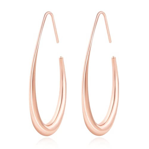 Lightweight Teardrop Hoop Earrings for Women - 14k Gold/White Gold Plated Large Oval Pull Through Hoop Earrings High Polished Statement Jewelry Gift for Women (rose gold) | Amazon (US)