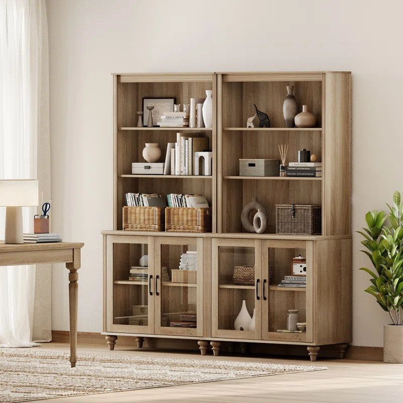 Bookcase With Doors Set Of 2, 5 Tier Bookshelf, 72'' Tall Book Case With Glass Storage Cabinets, ... | Wayfair North America