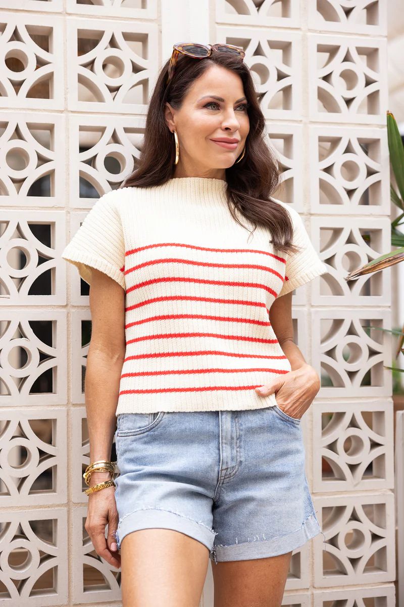 Women's Short Sleeve Knit Top - Red & White Striped | Avara