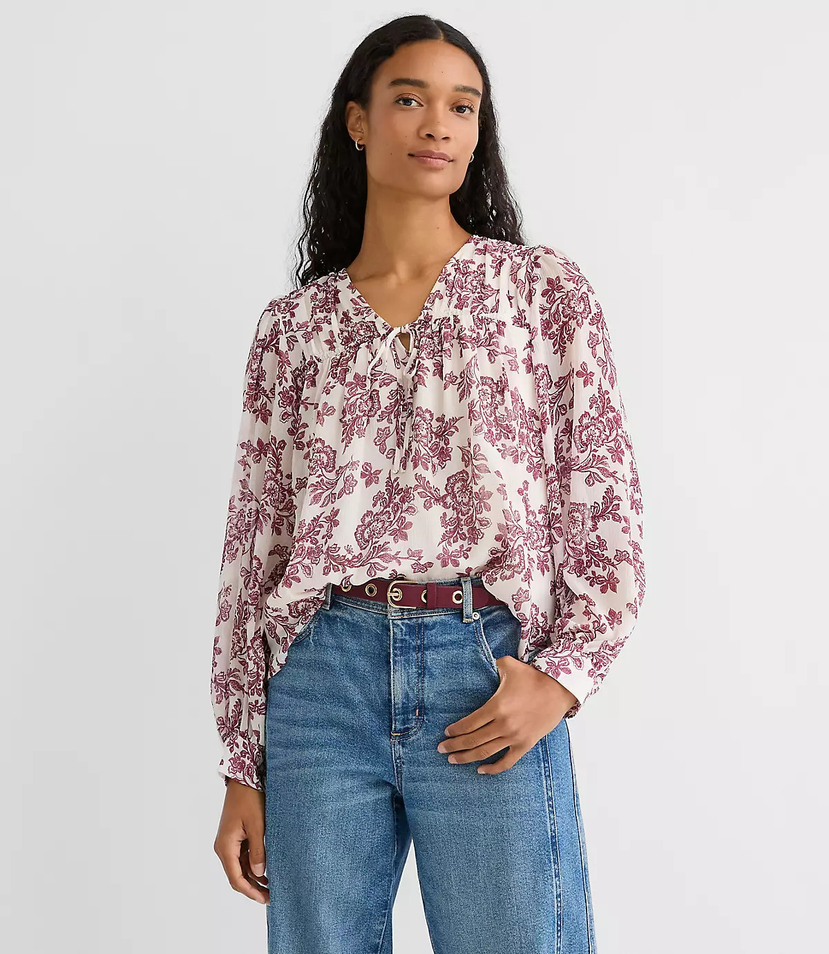 Geo Tucked Tie Neck Blouse | LOFT