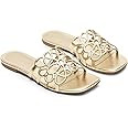 Coutgo Womens Flat Sandals Comfortable Square Open Toe Slides Slip On Summer Dressy Beach Shoes | Amazon (US)