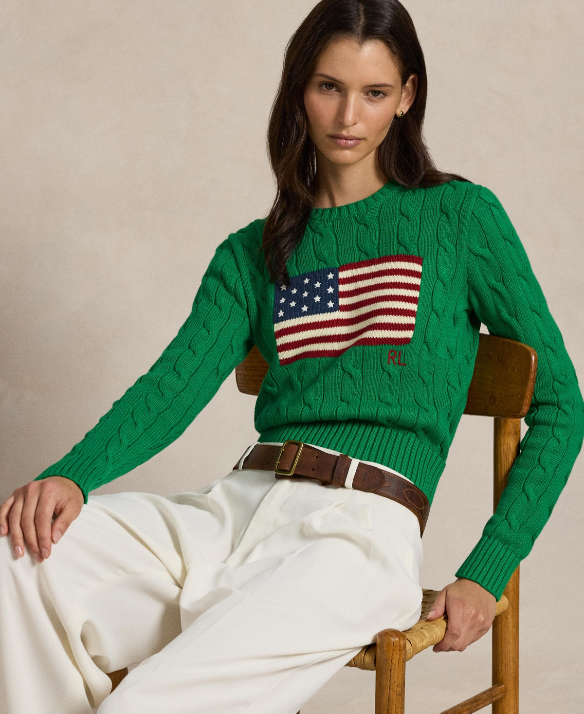 Polo Ralph Lauren Women's Flag Cable-Knit Cropped Sweater - Green | Macy's