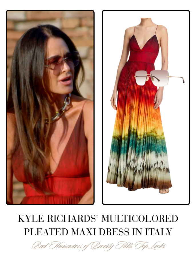 Kyle Richards' Multicolored Pleated Maxi Dress in Italy  

 