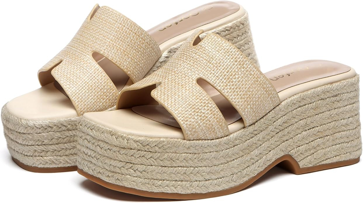 Platform Espadrille Sandals for Women Slip-On Wedge Slides Fashionable Open-Toe Chunky Sandals fo... | Amazon (US)