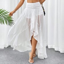 Women Vintage Chiffon Half Slip Skirt With Polka Dot Maxi Length Tiered Ruffle Hem And ALine Floral Jacquard Skirt Short Front Long Back Perspective J | SHEIN