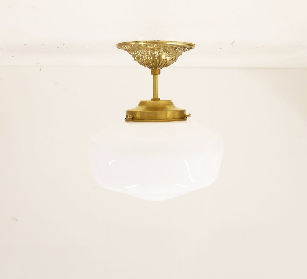 Brass ceiling light with opal gloss schoolhouse shade, Ceiling light fixture with shade,Mid centu... | Etsy (US)