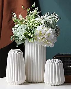 White Ceramic Flower Vase Set of 3, Minimalist Modern Home Decor, Small Pampas Grass Vases for De... | Amazon (US)