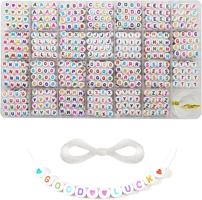 1400 Pieces 4x7mm White Round Acrylic Alphabet Letter Beads A-Z Heart Pattern Beads and Crystal L... | Amazon (US)