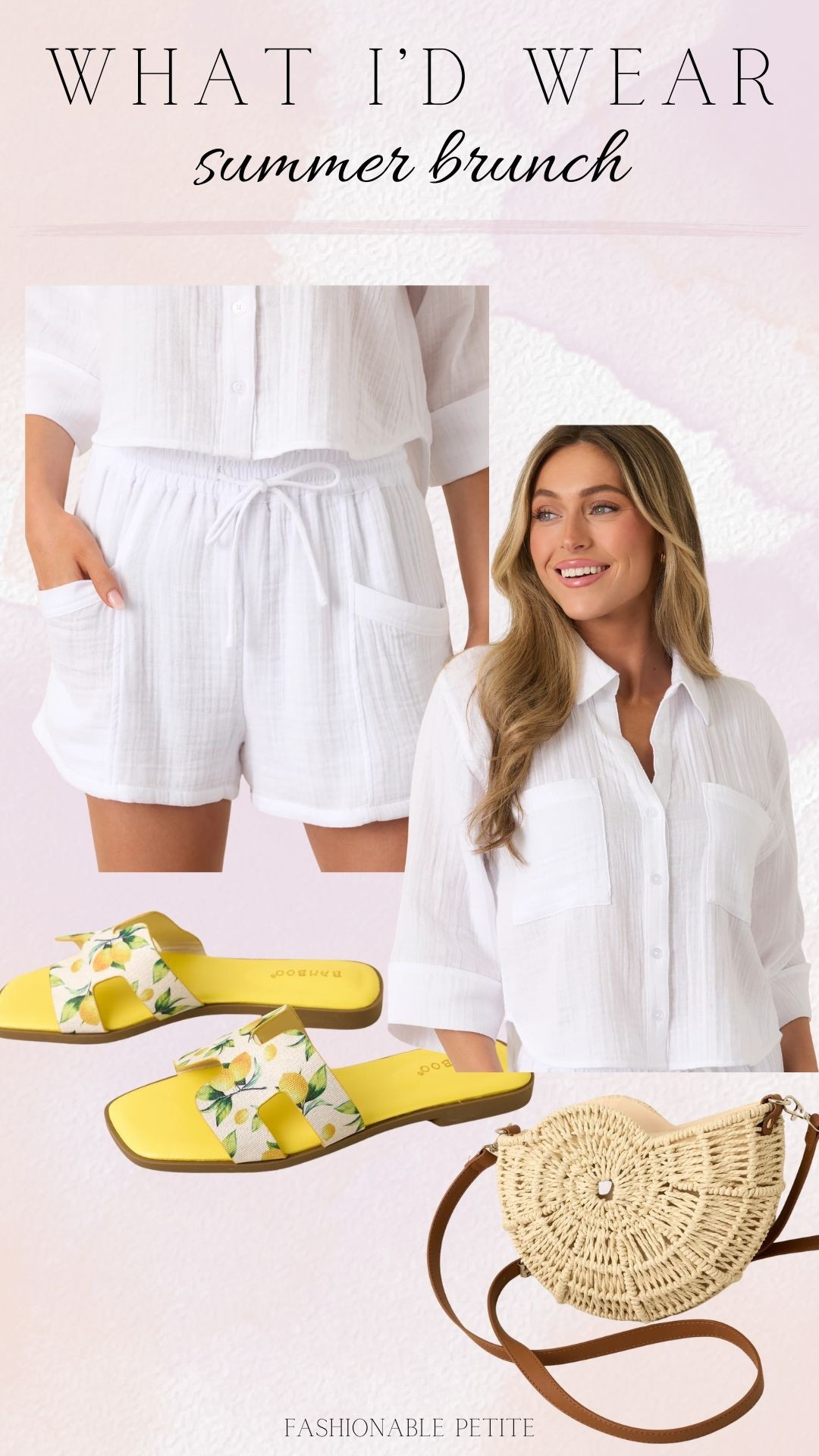 What I’d wear to a summer brunch! I love this gauze set and bright yellow lemon print slides. @Red Dress 

Summer outfit, linen shorts, resortwear, brunch outfit, matching set 
