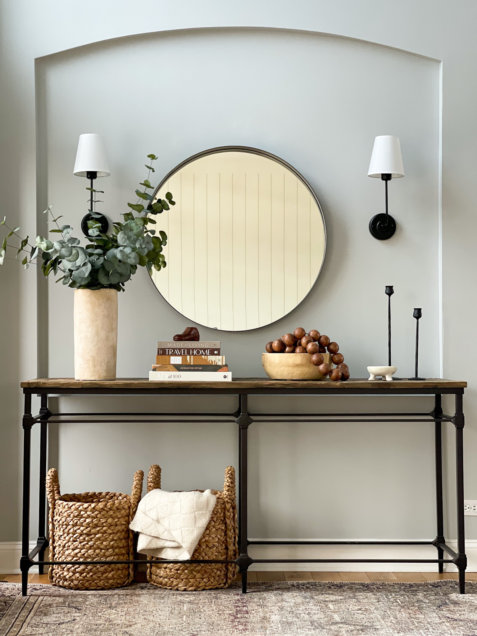 Pottery Barn, entryway, console table, neutral decor, coffee table books, sconces, round mirror, cozy home, Loloi, transitional decor, baskets, home decor, interiors styling

#LTKSeasonal #LTKfamily #LTKhome