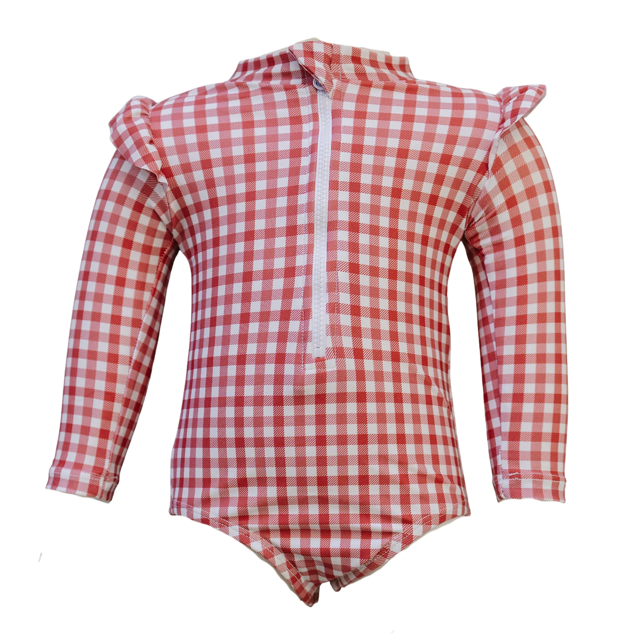 Gingham Long Sleeve Ruffle Zipper One-Piece | Mebie Baby