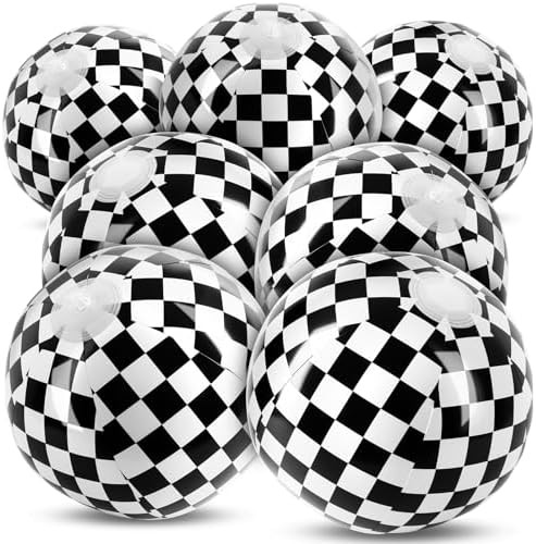 8PCS Race Car Checkered Flag Beach Ball Set – 12" Vibrant Black & White Themed Beach Balls for ... | Amazon (US)