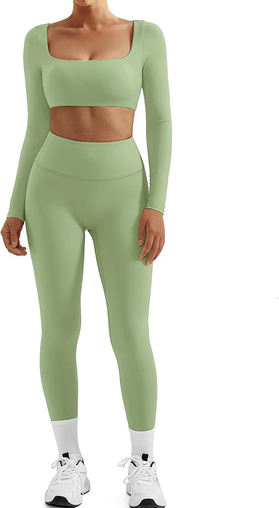 SUUKSESS Women 2 Piece Workout Sets Compression Tummy Control Leggings with Pockets Long Sleeve S... | Amazon (US)