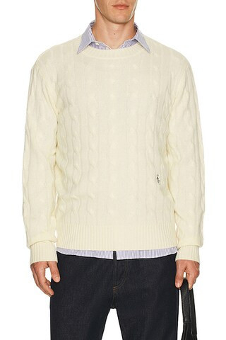 Sporty & Rich Cable Knit Cashmere Sweater in Ecru - Cream. Size L (also in M, S, XL/1X). | FWRD 