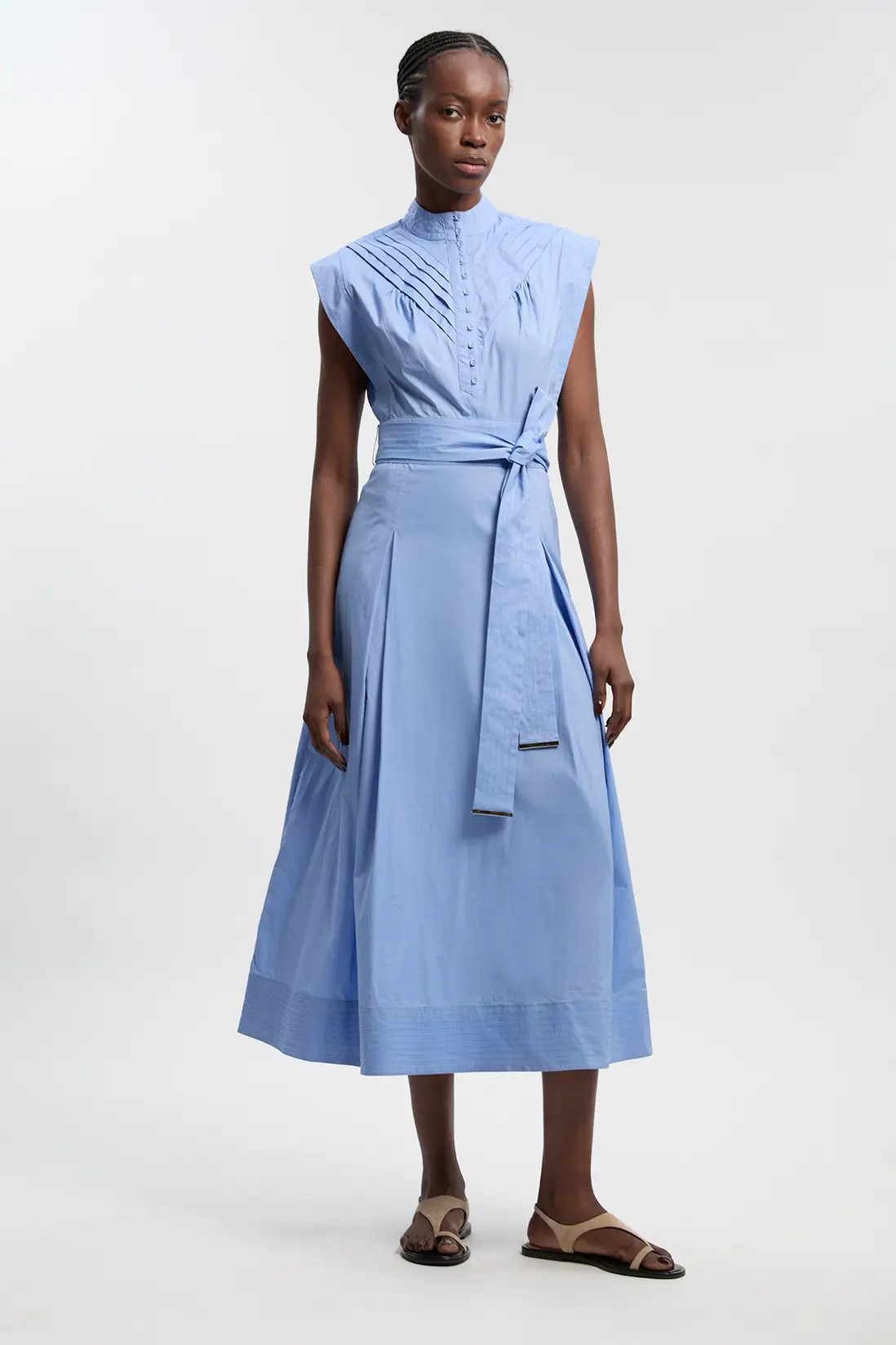Cotton Pleated Tie Waist Woven Midi Dress | Karen Millen
