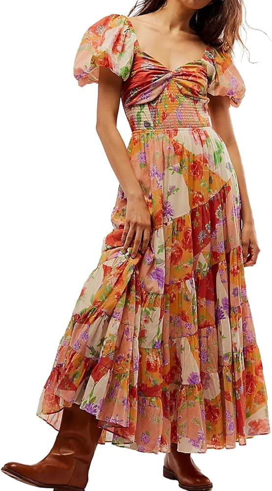Women Floral Maxi Dress Short Puff Sleeve V Neck Bohemian Flowy Dress Smocked Casual Spring Summe... | Amazon (US)