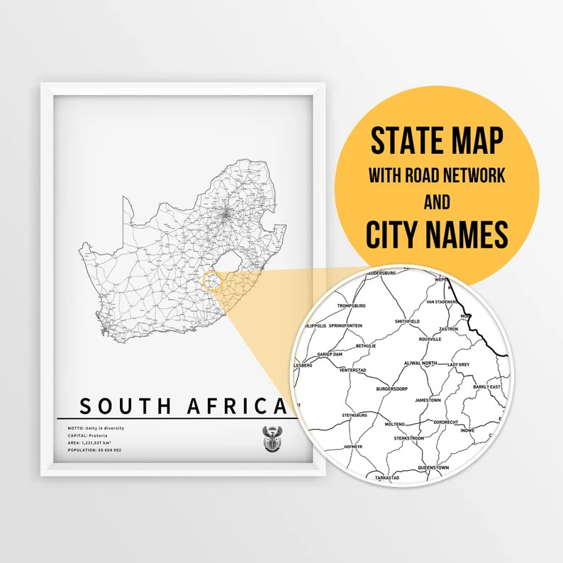 Printable Map of South Africa With City Names and Roads Instant Download Country Map Map Poster T... | Etsy (US)