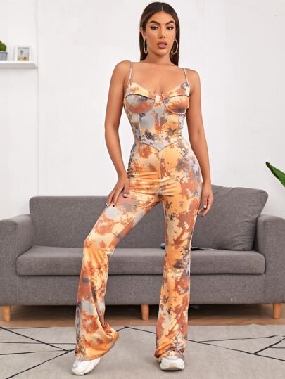 SHEIN Tie Dye Bustier Crop Cami Top & Flare Leg Pants Set | SHEIN