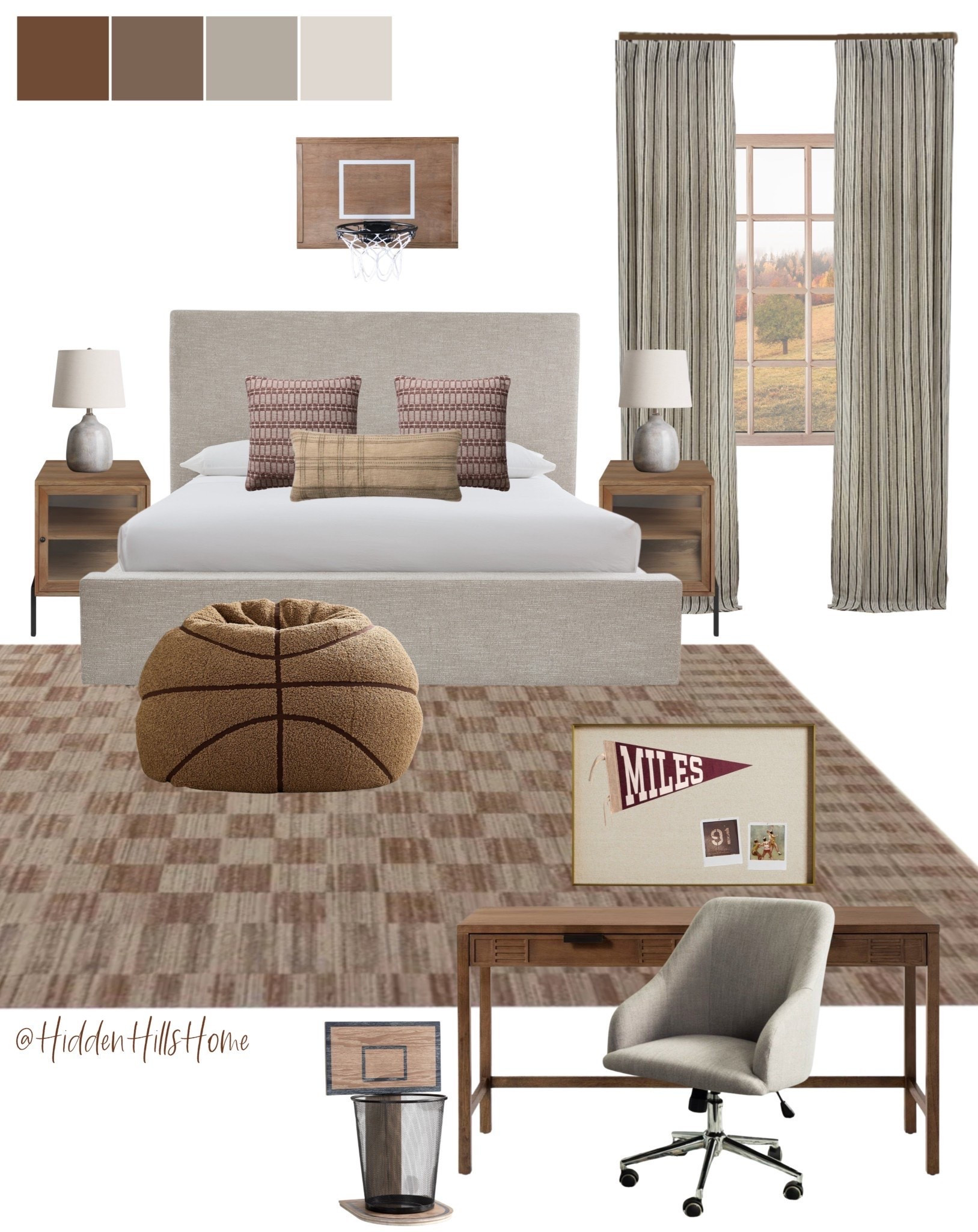 Teen boys bedroom decor, boys room mood board, modern vintage teen bedroom, masculine bedroom, sports themed bedroom design, basketball bedroom decor ideas, nightstands, desk #boysroom

#LTKHome #LTKSaleAlert #LTKKids