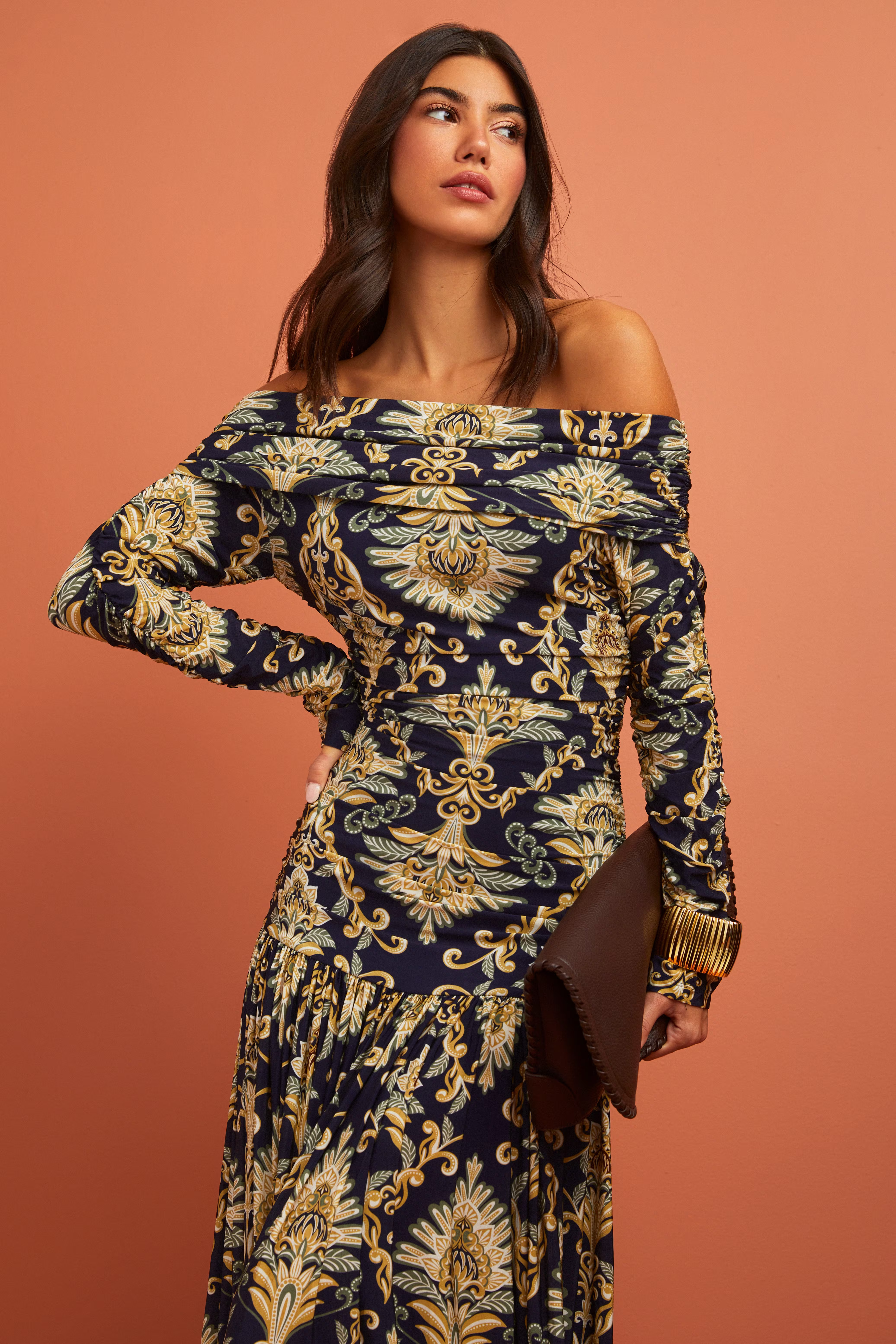 WONDERFUL ARABESQUE NAVY BLUE OFF SHOULDER MAXI DRESS | FashionPass