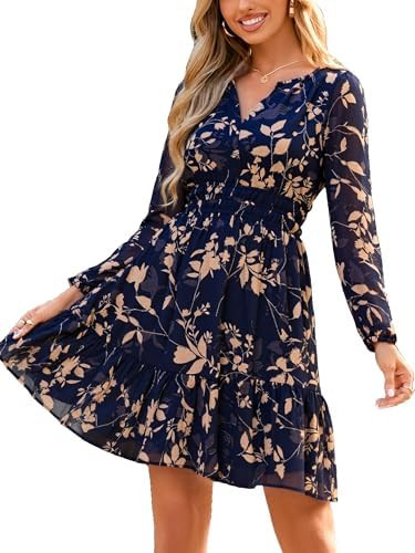 Simplee Womens Fall Floral Mini Dress 2025 Long Sleeve Boho Chiffon Short Dress Casual Flowy Wedd... | Amazon (US)