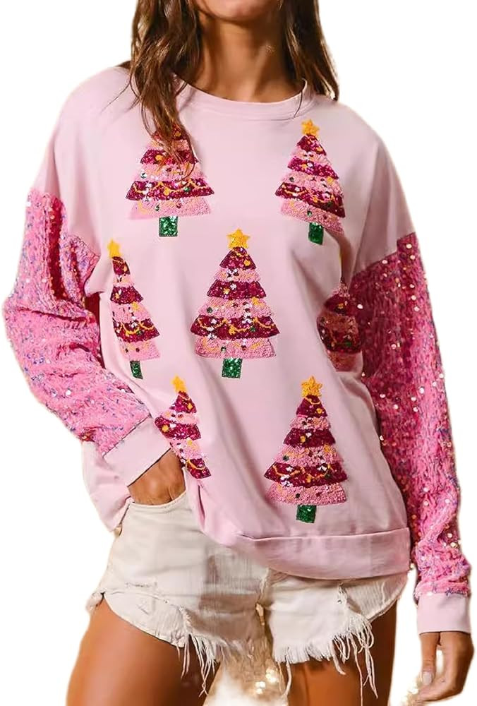 UAURORAO Christmas Sequins Sweatshirts Women Glitter Patch Crewneck Pullover Tops Sparkly Printed... | Amazon (US)