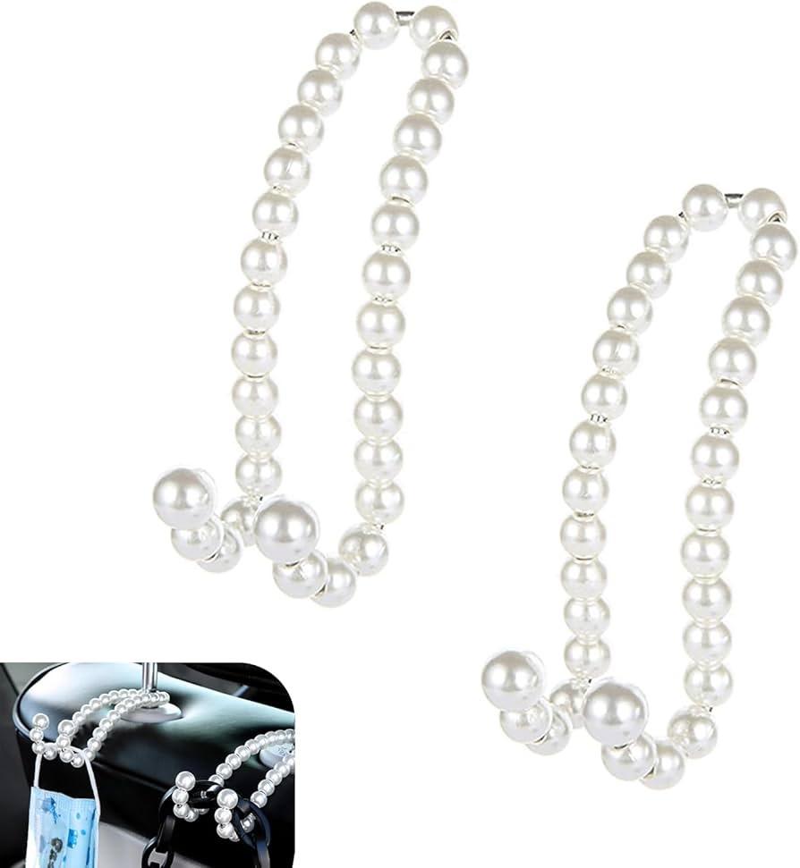 2 PCS Car Seat Headrest Hooks, Elegant Pearl Dual Hooks for Handbag Hat Umbrella Phone, High Load... | Amazon (US)