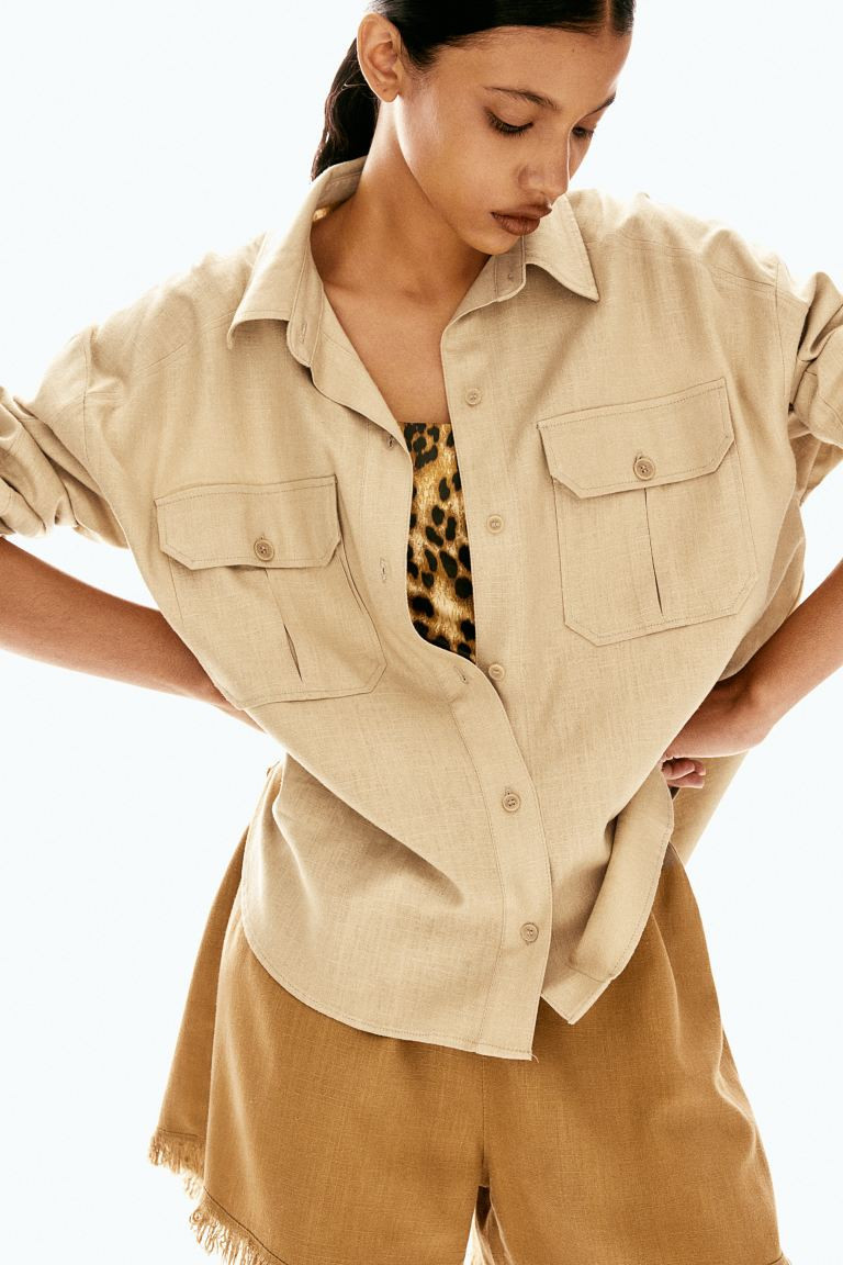Oversized Linen-blend Cargo Shirt - Long sleeve - Long - Beige - Ladies | H&M US | H&M (US + CA)