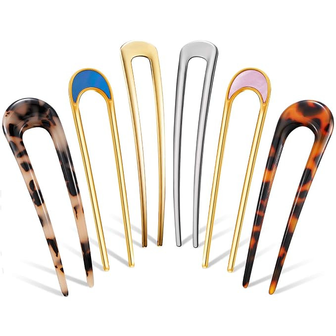 Chuangdi 6 Pcs U Shaped French Hair Pin French Hair Tortoise Shell Fork Sticks 2 Prongs Updo Chig... | Amazon (US)