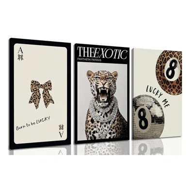 3Pcs Framed Fashionable Leopard Roaring Canvas Wall Art Funky Lucky 8 Ball Poster Print Preppy Bow Room Aesthetic Wall Decor For Women Bedroom Apartme | Wayfair North America