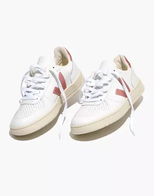 Veja™ Leather V-10 Lace-Up Sneakers in White with Metallic Pink Accents | Madewell