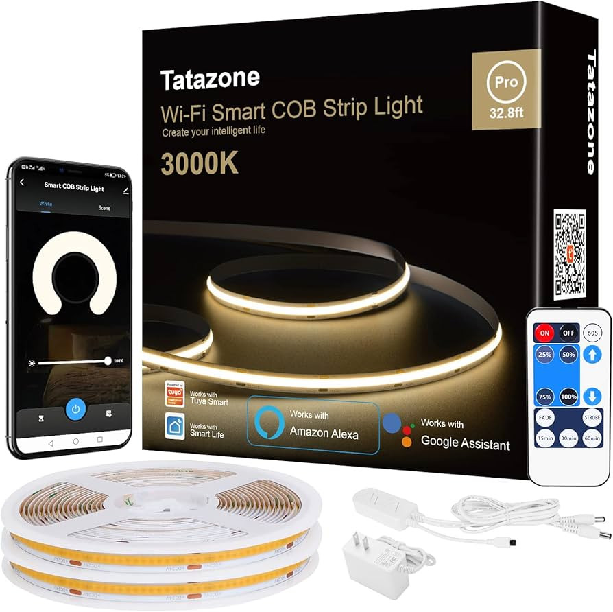 Smart White COB Led Strip Light with Remote, 32.8ft 3000K Bright Warm White WiFi COB Light Strip ... | Amazon (US)