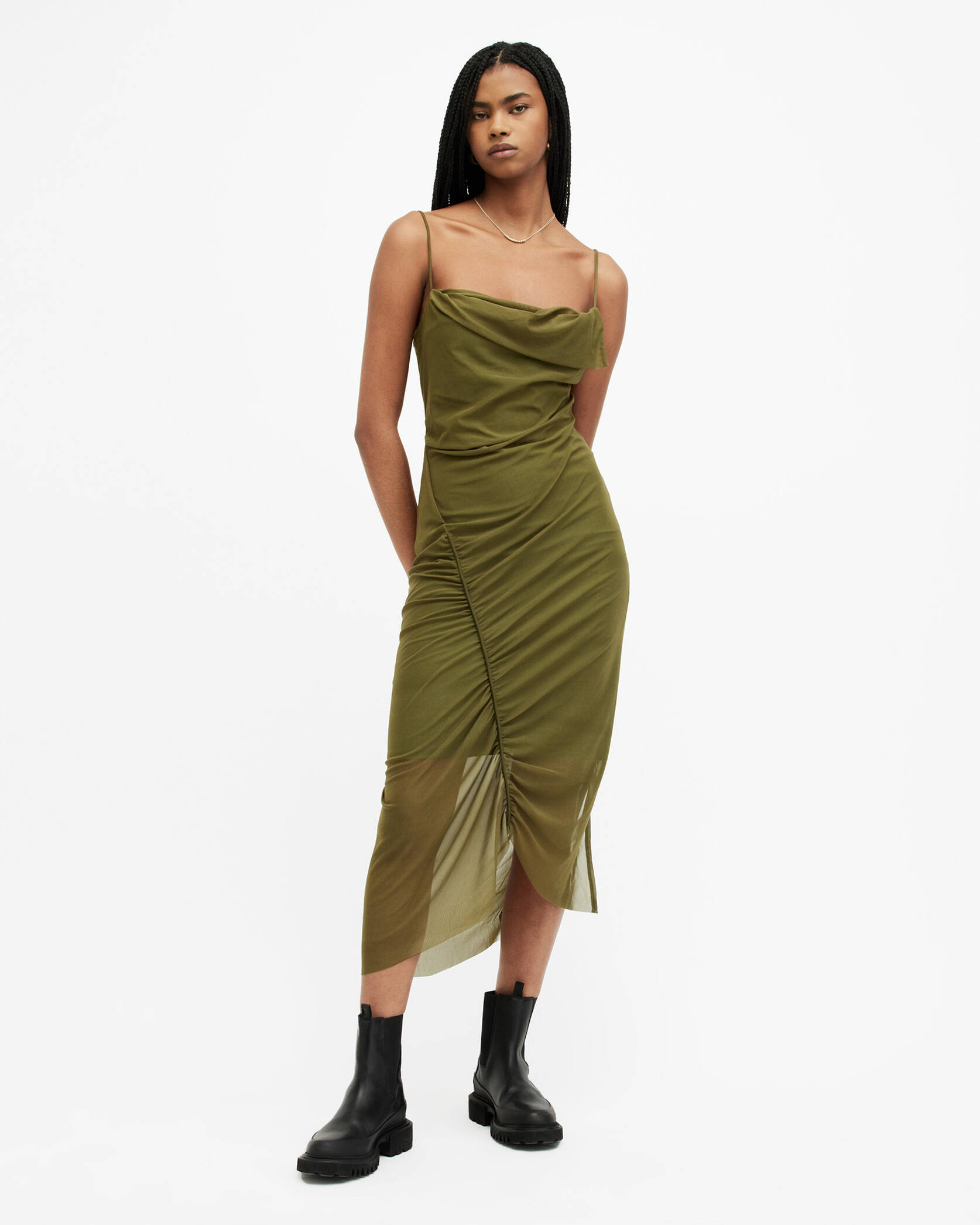 Ulla Mesh Draped Midi Dress Olive Green | ALLSAINTS US | AllSaints US