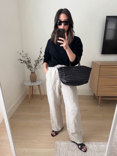 J.crew soleil linen pants. Comfy, drawstring. Sort of have a weird fit in the waist. Great length on petites. On sale!

Everlane sweater xs
J.crew pants xs
Hermes Oran sandals 35
Dragon Diffusion bag 
YSL sunglasses 

Spring outfits, spring style, summer outfits, vacation outfit, sandals, 

#LTKSeasonal #LTKFindsUnder100 #LTKShoeCrush