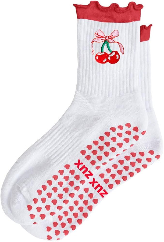 Women Cute Pilates Socks Grip Crew Yoga Socks Ruffle Cuff Embroidery Pattern Workout Ballet Socks | Amazon (US)