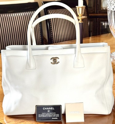 Authentic CHANEL White Leather CC Turnlock SHW Executive Cerf Tote Bag w/ Card | eBay US
