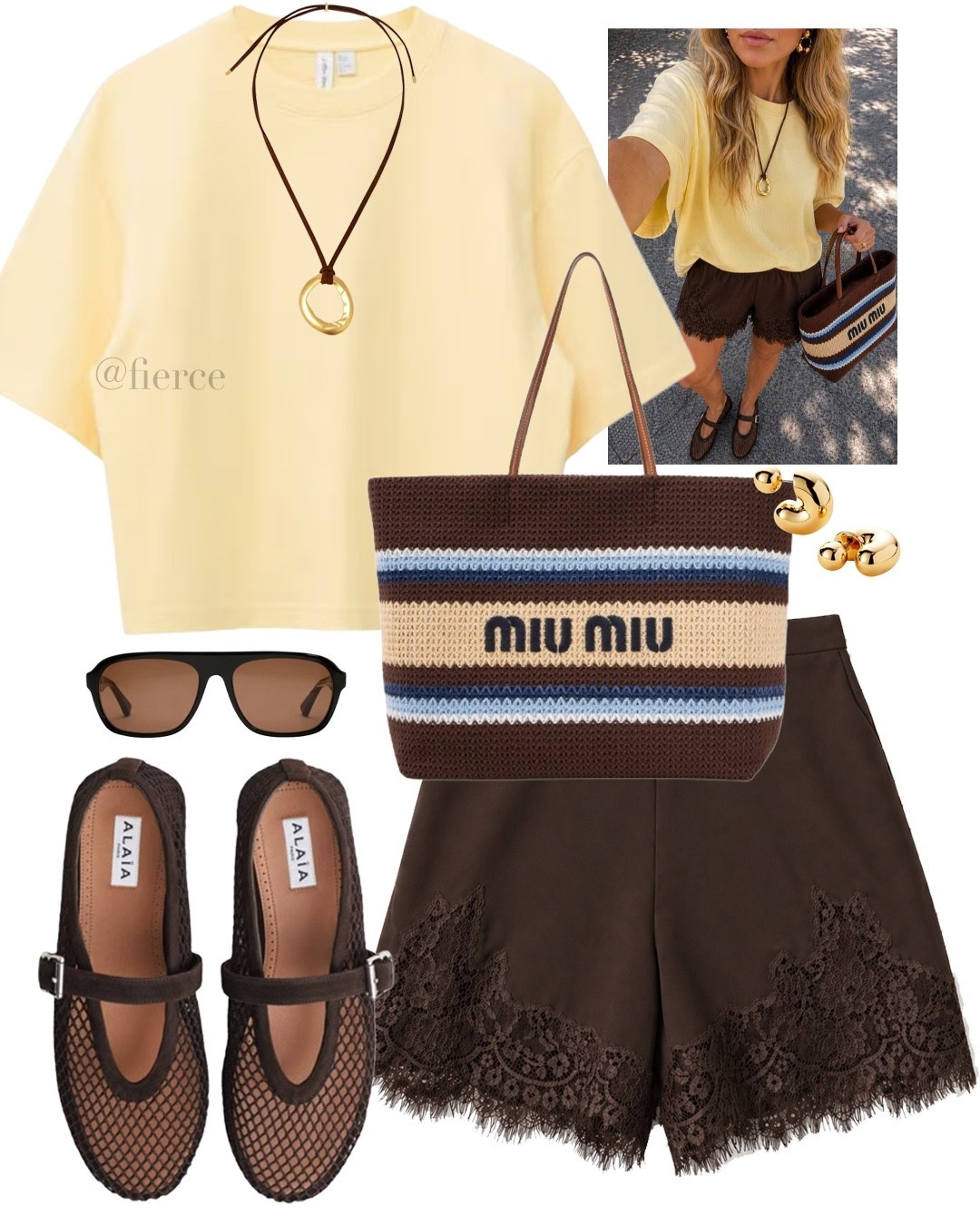 Yellow oversized boxy tshirt chocolate brown satin lace shorts Alaia fishnet sandals Miu Miu summer tote bag casual weekend city break outfit 

#LTKspring #LTKuk #LTKsummer