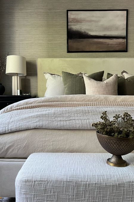 Summer layers: linen, muslin, waffle knit. My calm color palette here started with the artwork..and I went from there with the bedding! 
Nature inspired home, comfy and cozy bedding 
Modern organic Bedroom inspiration 

#LTKFindsUnder50 #LTKSeasonal #LTKHome