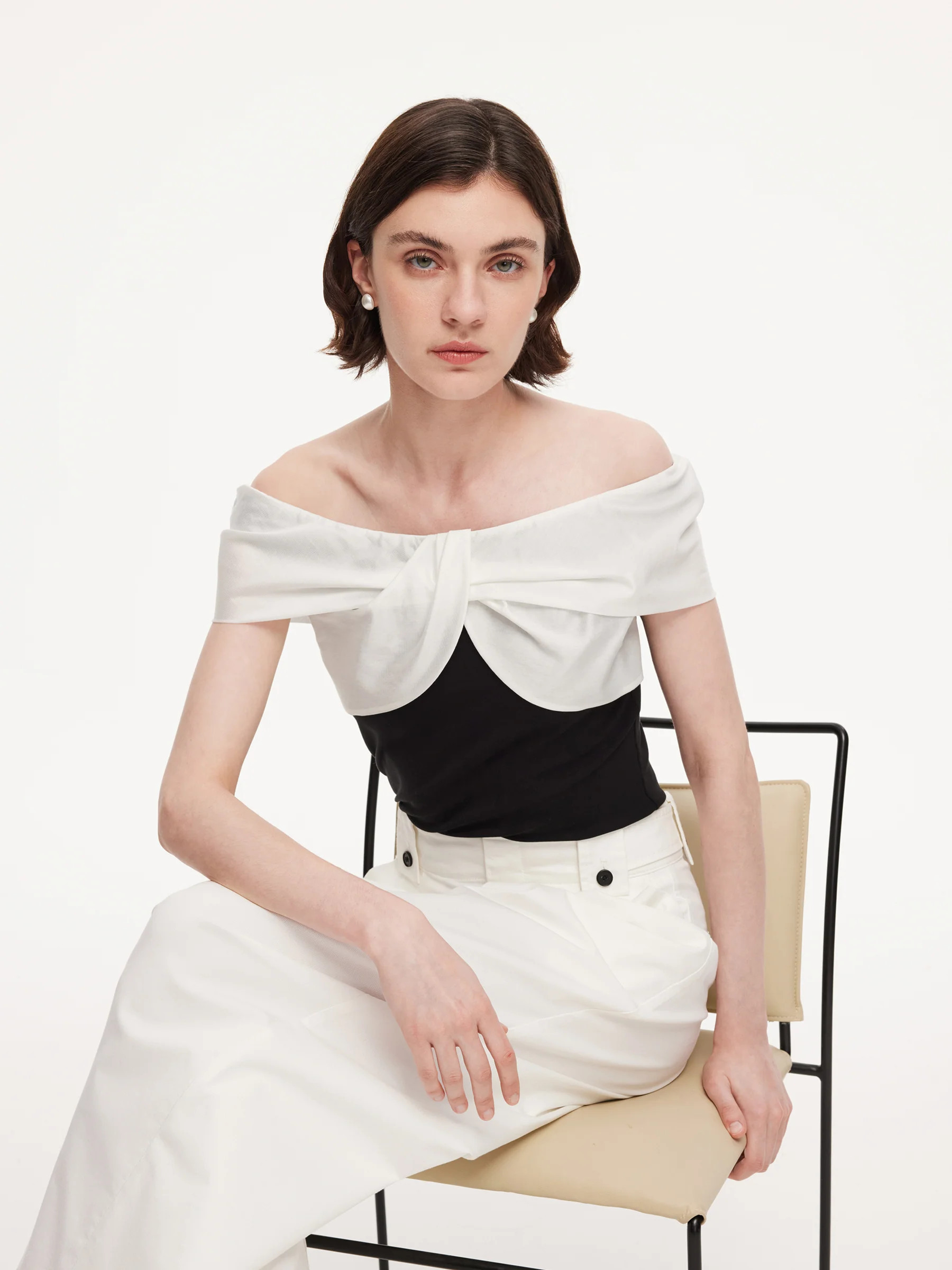 Tencel Blend Patchwork Bow Neck Women Knit Top | GOELIA