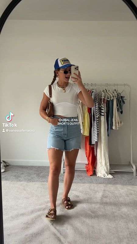 6/2/24 Casual Jean shorts outfit 🫶🏼Jean shorts, Jean shorts outfit, denim shorts, Agolde shorts, free people baby tee, baby tee top, trucker hat, trucker hat outfit, brown Birkenstock sandals, Birkenstock sandals outfit