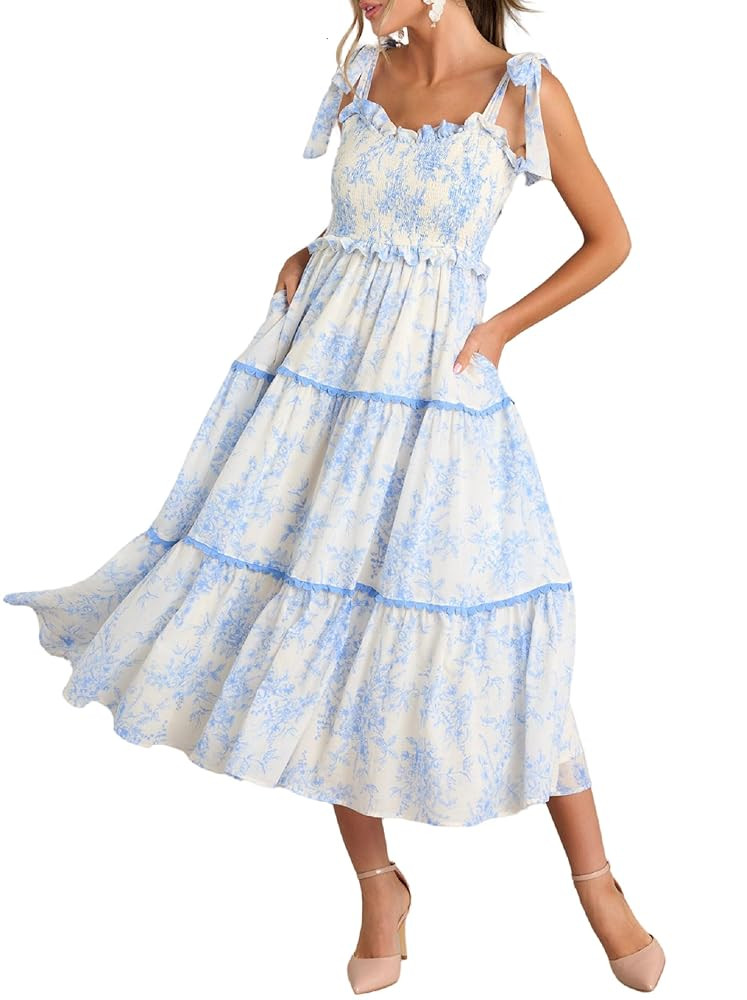 Women Floral Tie Shoulder Maxi Dress Sleeveless Square Neck Smocked Long Dress Boho Flowy Beach S... | Amazon (US)