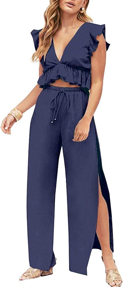 FANCYINN Womens 2 Pieces Outfits Deep V Neck Crop Top Side Slit Drawstring Wide Leg Pants Set Jumpsu | Amazon (US)