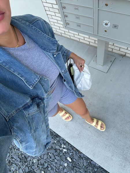 Casual outfit idea! Size S in the matching set & L in the oversized denim jacket! Yellow sandals fit TTS! 

#LTKSeasonal #LTKFindsUnder50 #LTKStyleTip