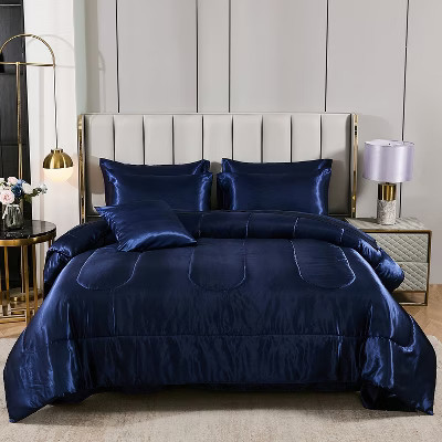 Luxury Satin Comforter Set Bed in a Bag – Silky All Season Bedding with Sheets, Pillowcases & Cushion Cover Navy Blue King | Target