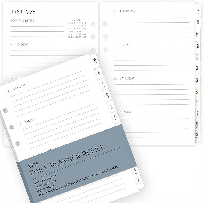 Beautiful 2026 Daily Planner Inserts for 6 Ring Binders – Durable A5 Paper Refill Set 5.5" x 8.... | Amazon (US)