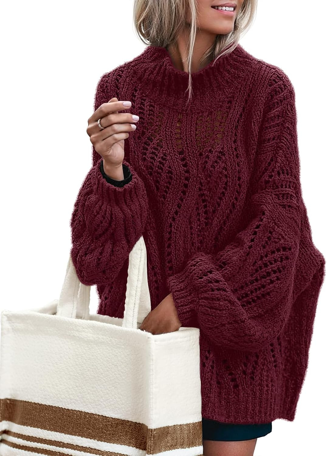 MEROKEETY Fall Sweaters for Women 2025 Oversized Pullover Crochet Lantern Long Sleeve Mock Neck Casual Loose Tops | Amazon (US)